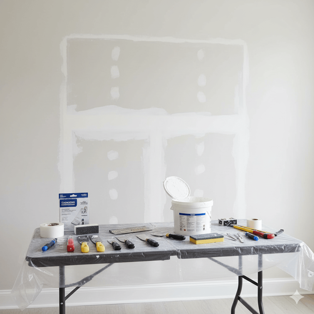 Handyman repairing drywall with tools and patch on wall